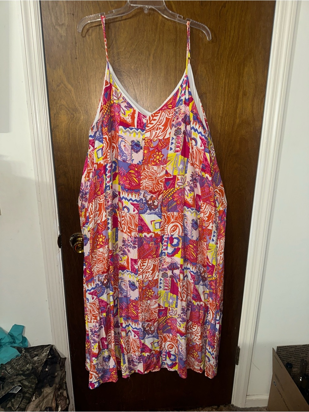 Impressions Women’s multicolor patchwork floral maxi dress spaghetti strappocket
